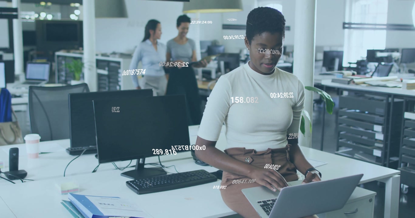 Female programmer sitting on white bench typing code after overlay appearing for finance monitoring