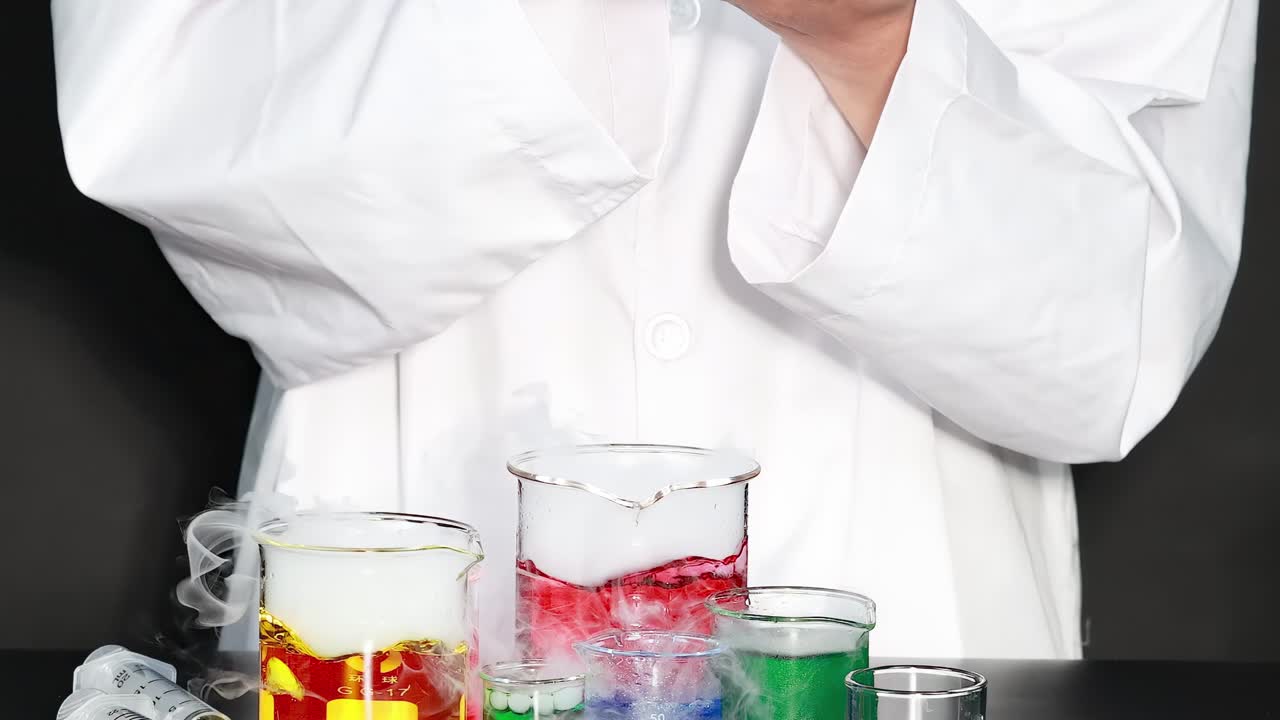 A scientist's hands manipulate a petri dish over steaming, colorful beakers in a lab setting.