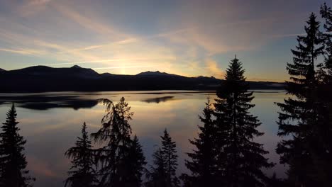 silhouette pine tree reveals glassy reflective lake and mountains, sunset, 60fps