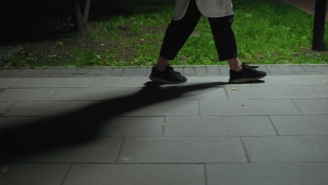 leg view person passing bench on paved path near greenery at night, subtle light casting strong shadow, capturing calm steps in quiet outdoor environment, leaves scattered around surface