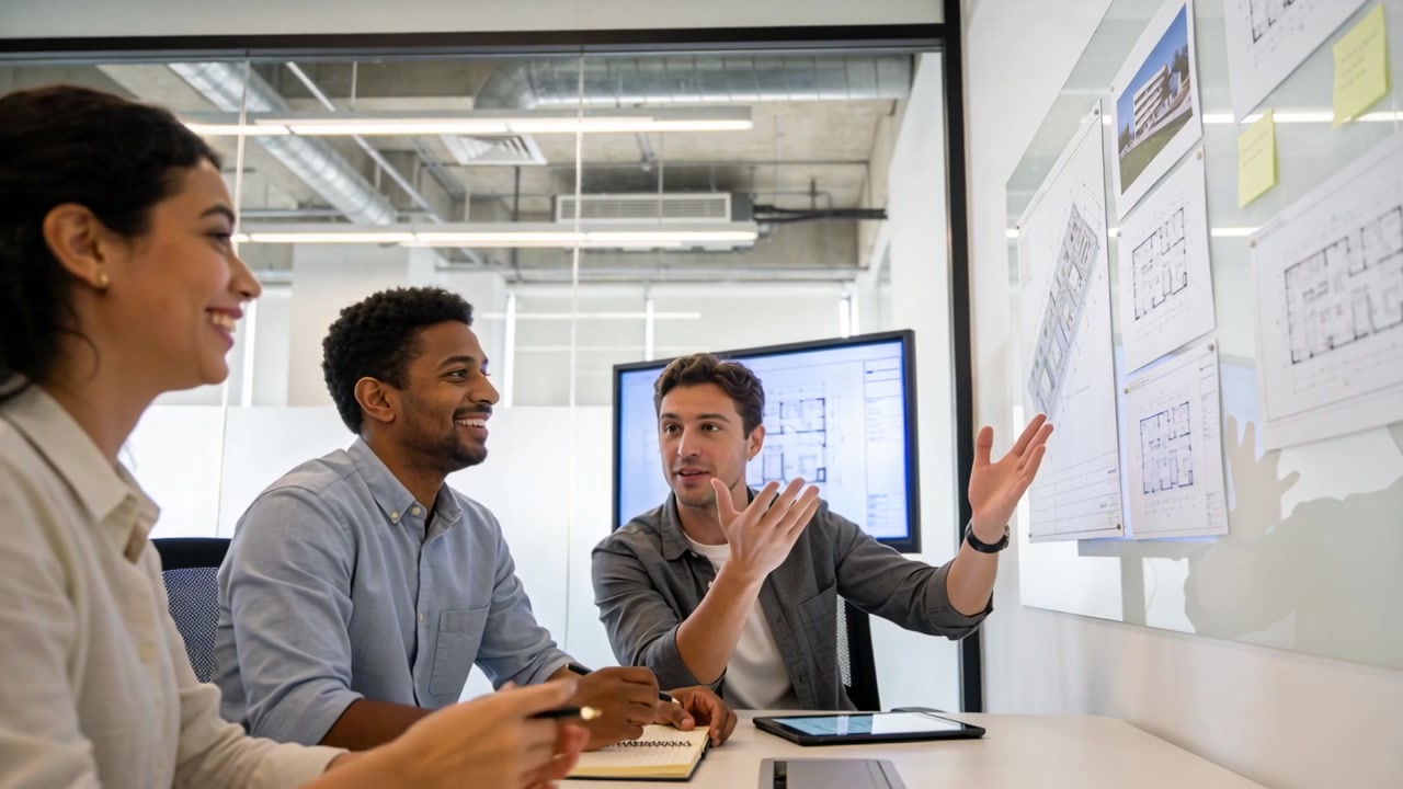 Pointing rightmost man in business shirt leading talk at table, team clarifying pinned plans