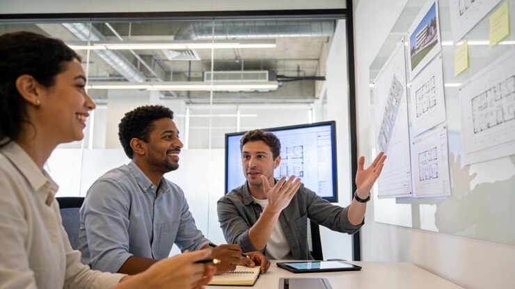 Pointing rightmost man in business shirt leading talk at table, team clarifying pinned plans
