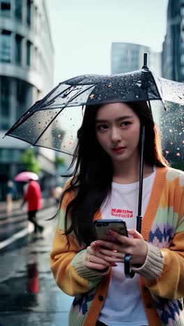 young asian woman with umbrella strolling under the rain.