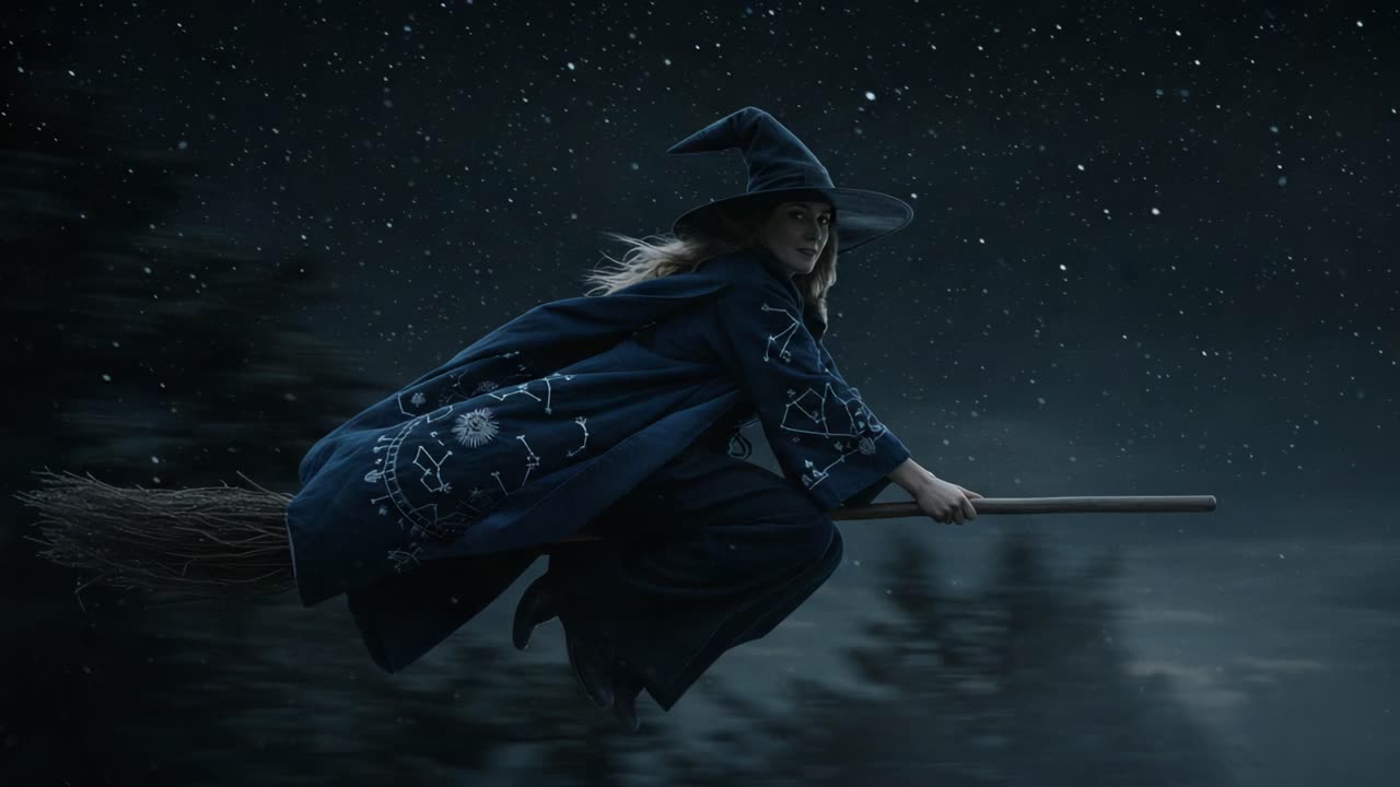 A Mysterious Witch Soars Through the Starry Night Sky on Her Broomstick, Embodying the Essence of Magic and Enchantment in a Spellbinding Scene