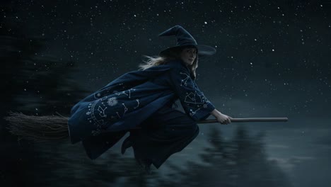 a mysterious witch soars through the starry night sky on her broomstick, embodying the essence of magic and enchantment in a spellbinding scene