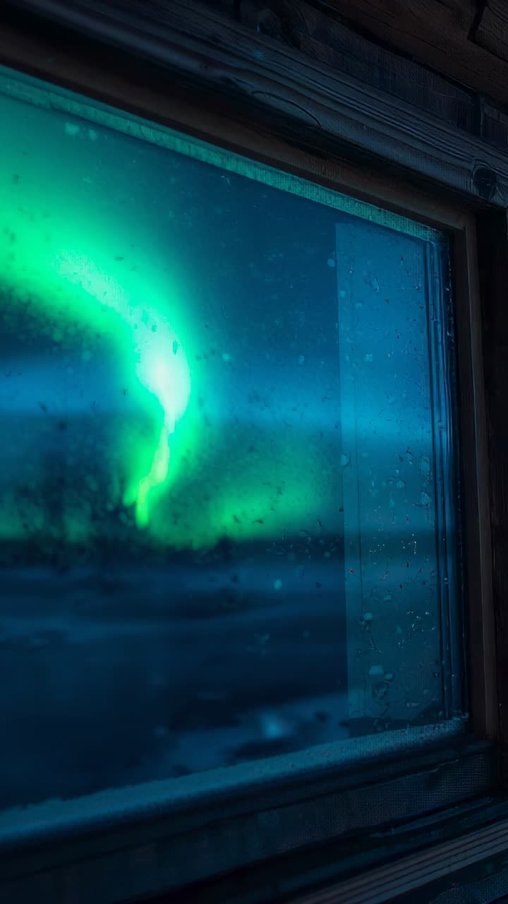 Vertical video: Aurora pulsing outside cabin window, forming column over snowy ground, droplets