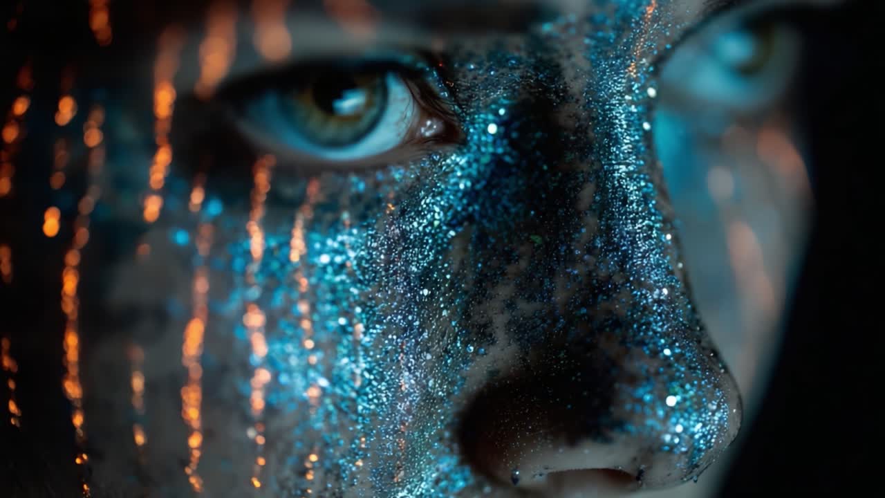 Mesmerizing Close-Up of Glittering Face Art with Dynamic Light Reflections Capturing the Details and Emotions in a Stunning Visual Contrast