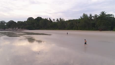 personas corriendo en una playa tropical al amanecer o al atardecer