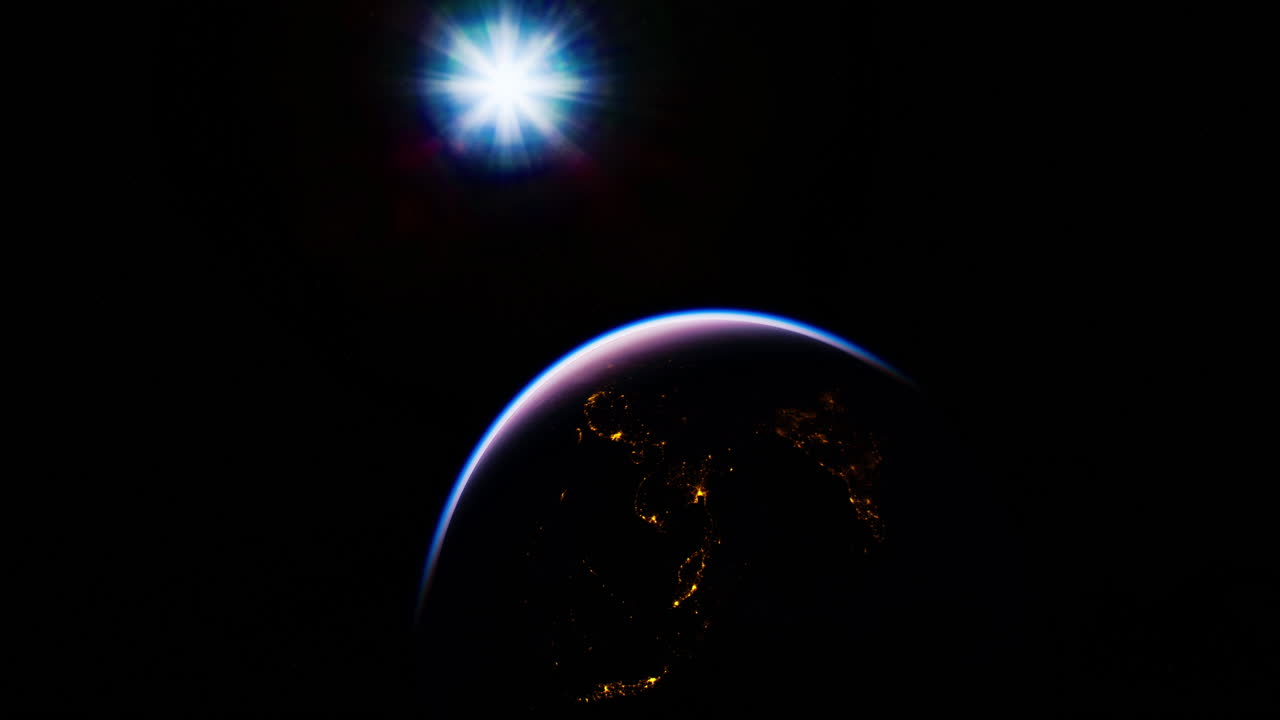 Earth illuminated by city lights under a bright starry sky