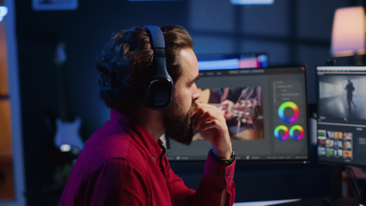 editor de video agrega efectos de sonido a las imágenes filmadas, trabajando en el estudio creativo de postproducción