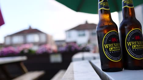 two beer bottles on a garden table