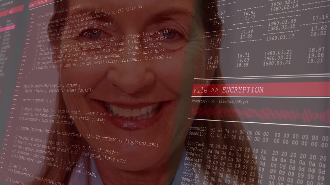 Senior doctor facing lens while glitch flickering initiating code overlay, encrypting medical file