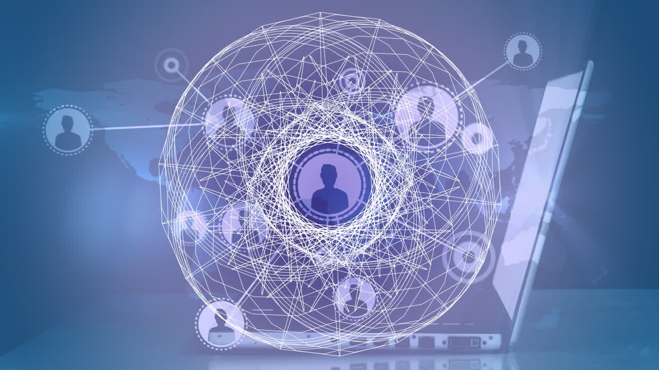 animación de la red de conexiones con iconos y formas en el portátil sobre fondo azul