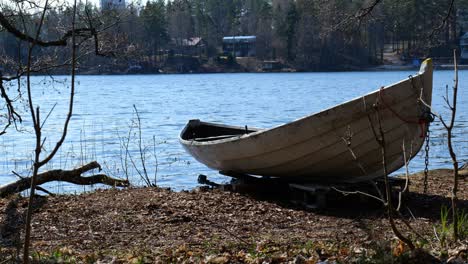 old boat by the lake in early spring on sunny day