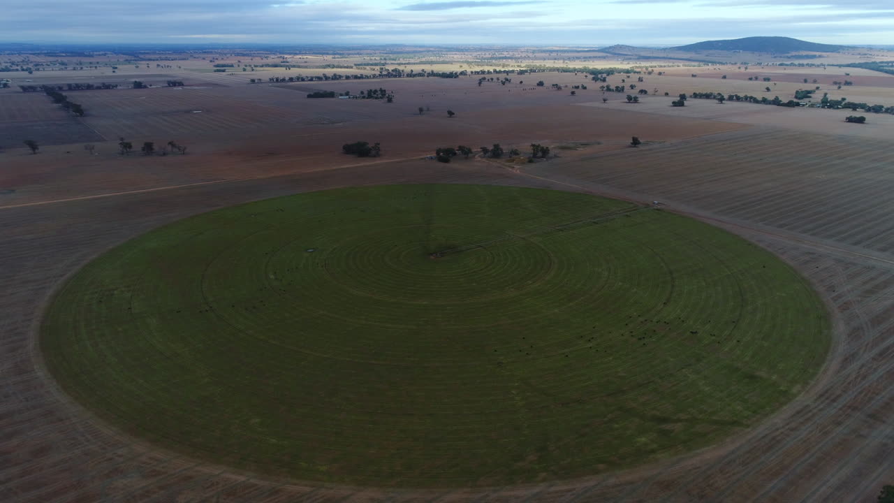 antena de un gran círculo de riego en tierras agrícolas en el interior de australia