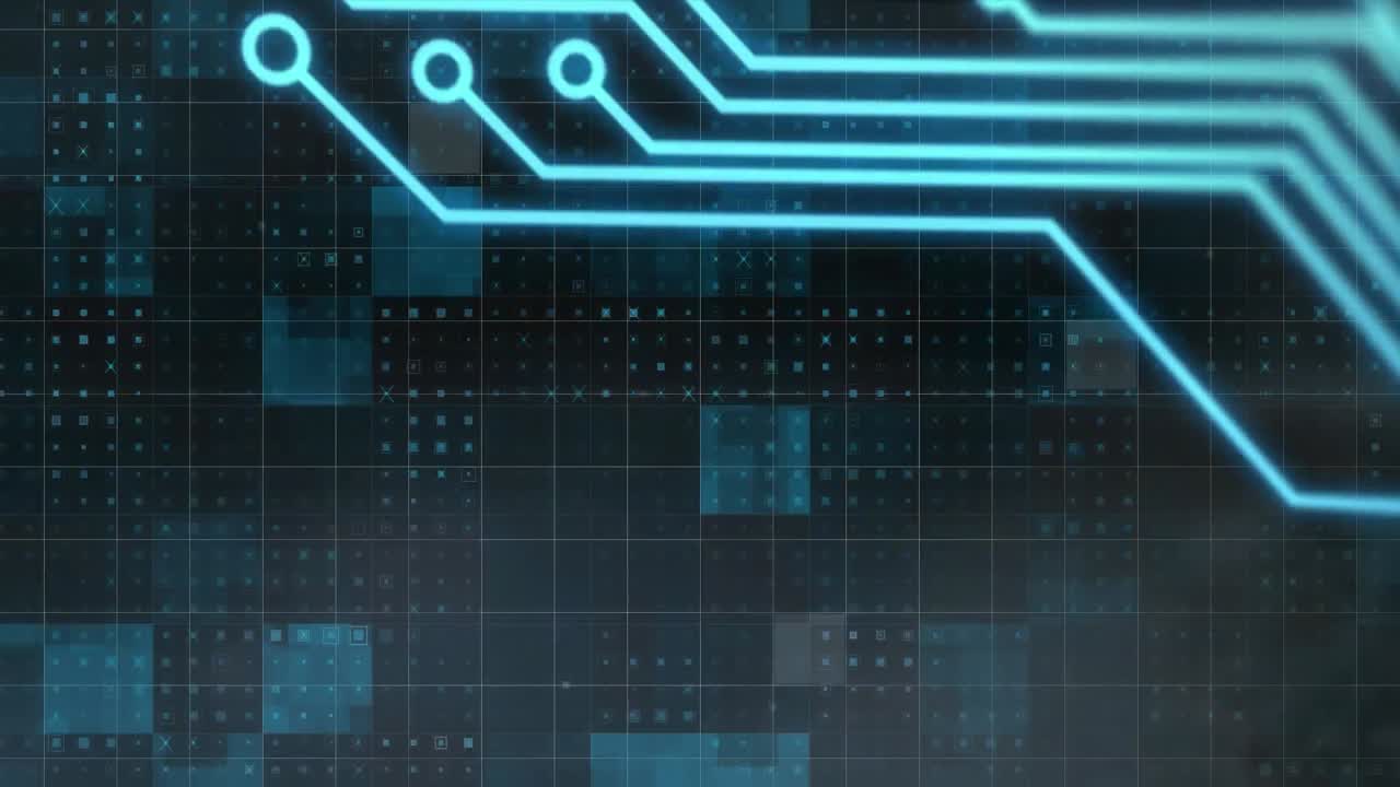 Animation of blue moving shapes over black and blue pixels