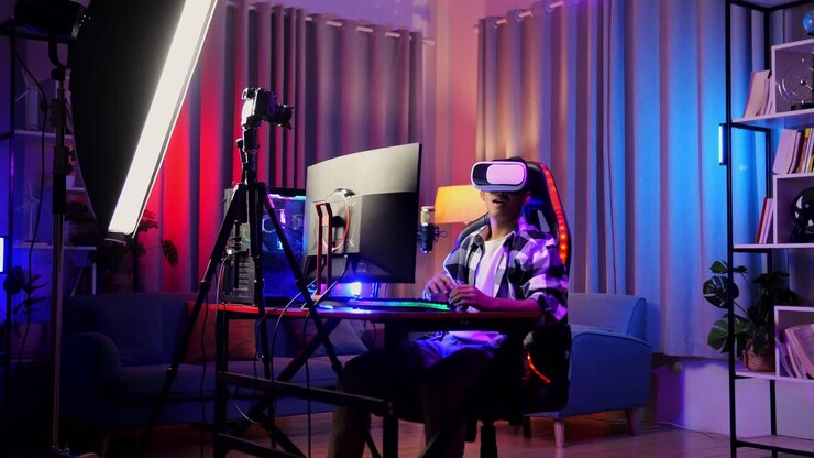 Asian Boy Streamer Playing Game Experience Virtual Reality In Futuristic Goggles. Player Touching Air Panel. Personal Computer On Desk Illuminated By Rgb Led Strip Light