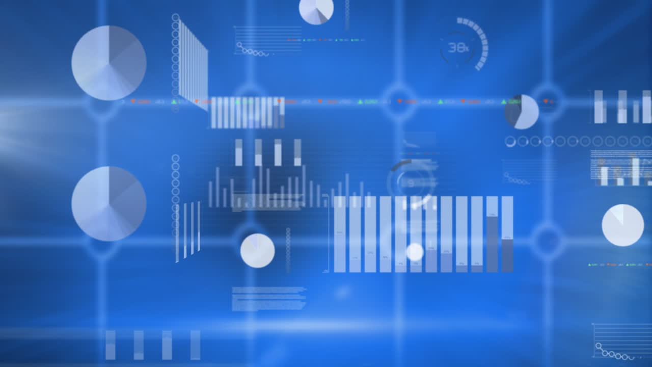 Animation of financial data processing and statistics over blue background
