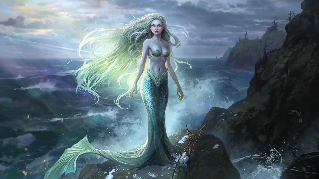 Sirena che si regge in equilibrio su un promontorio roccioso, luce del sole che filtra, onde che si infrangono, top a conchiglia
