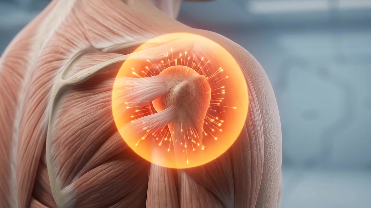 Animação médica de inflamação e dor na articulação do ombro.