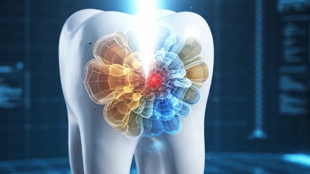 A Digital Visualization of a Tooth, Showcasing its Structure and Energy Flow Through Electric-Like Lightning Effects, Portraying Dental Anatomy in a High-Tech Environment