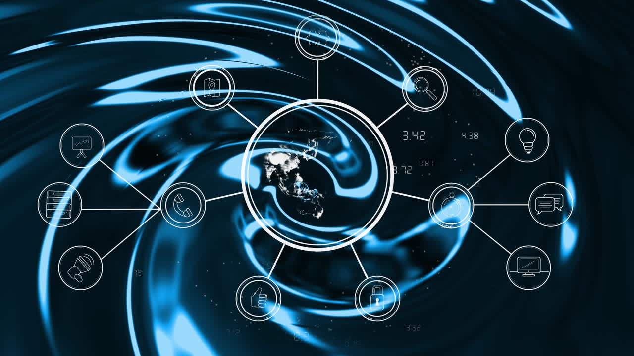 액체 배경 위에 아이콘이 있는 지구상의 애니메이션