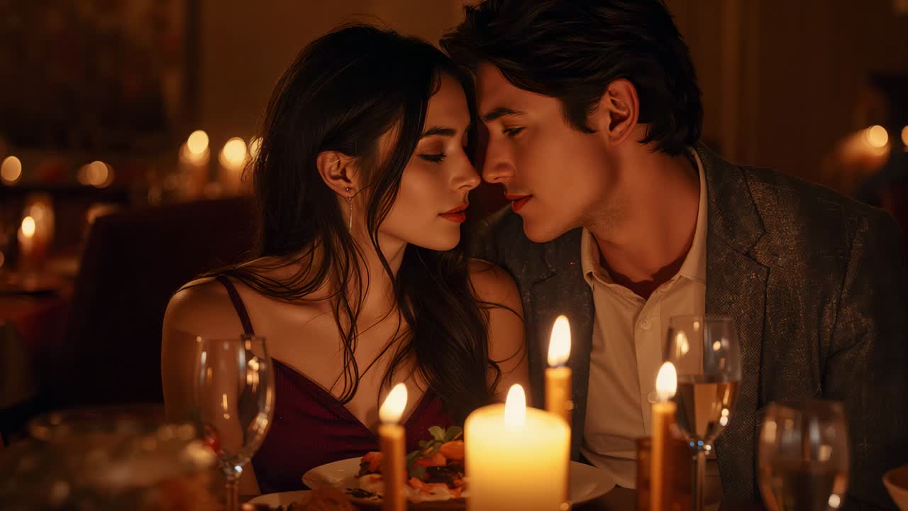 Leaning couple in red dress, gray blazer sharing gaze, inching closer in bistro candles toward kiss