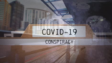 animation of file with words covid-19 conspiracy over an empty street