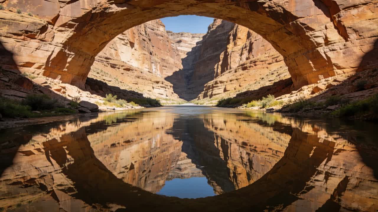 Video verticale: Luce solare cangiante che colpisce un arco di pietra sul fiume mentre l'acqua increspata distorce il riflesso