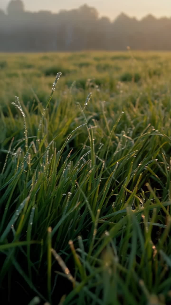 Dew-Kissed Grass Field at Sunrise
