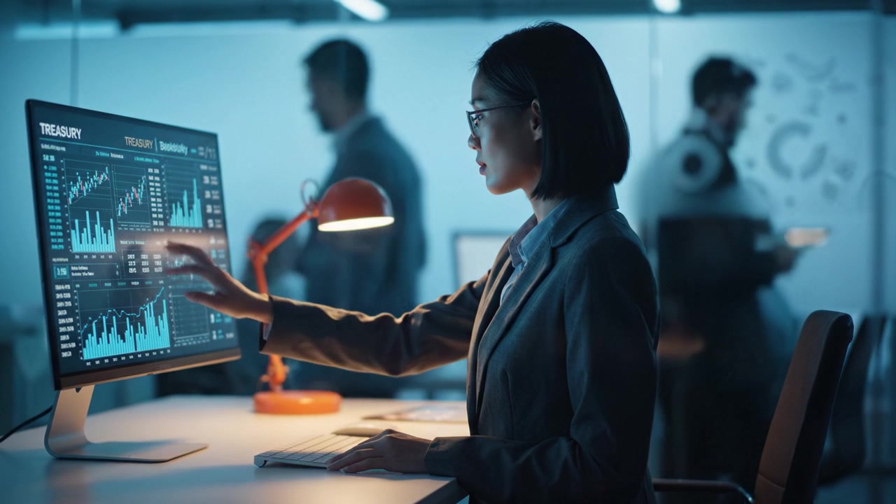 Focused Professional Analyzing Financial Data on Large Monitor in Modern Office Environment with Colleagues Working in the Background Under Soft Lighting