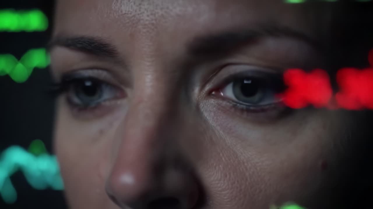Close-up of a woman's face with colorful lights