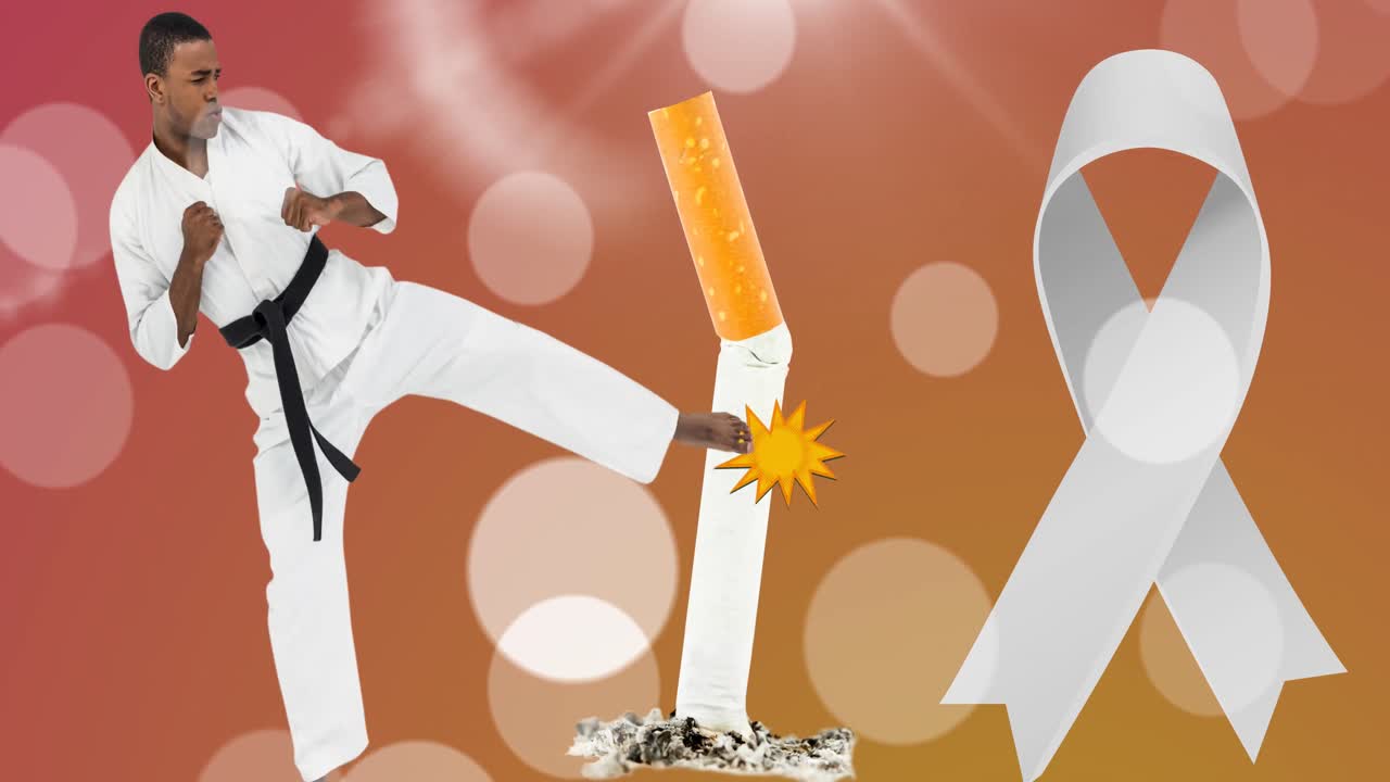 animación de cinta blanca y hombre de karate afroamericano pateando un cigarrillo