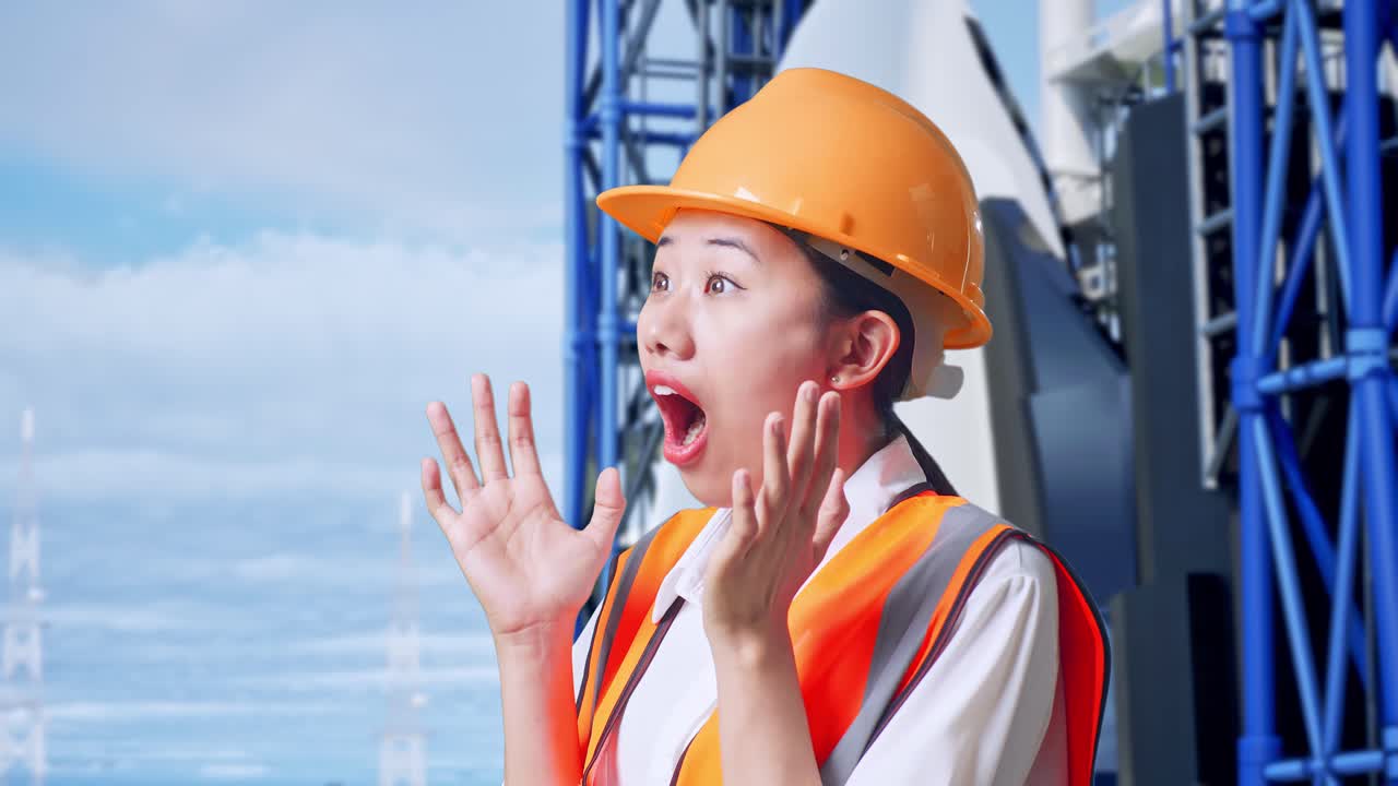 안전 헬을 착용한 아시아 여성 엔지니어가 우주왕복선에 서서 웃으며 와우라고 말합니다.