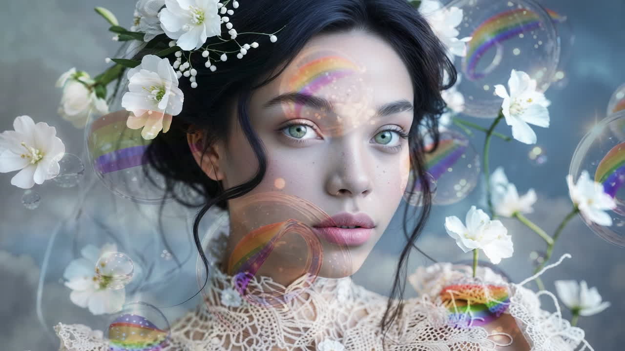 Ethereal Woman with Rainbow Bubbles and Flowers