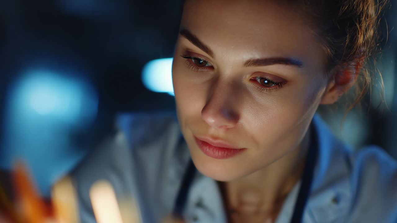 A focused and determined scientist analyzing data under dim lighting, emphasizing her concentration and intense interest in the intricate details of her work, showcasing the dedication of professionals in research and innovation