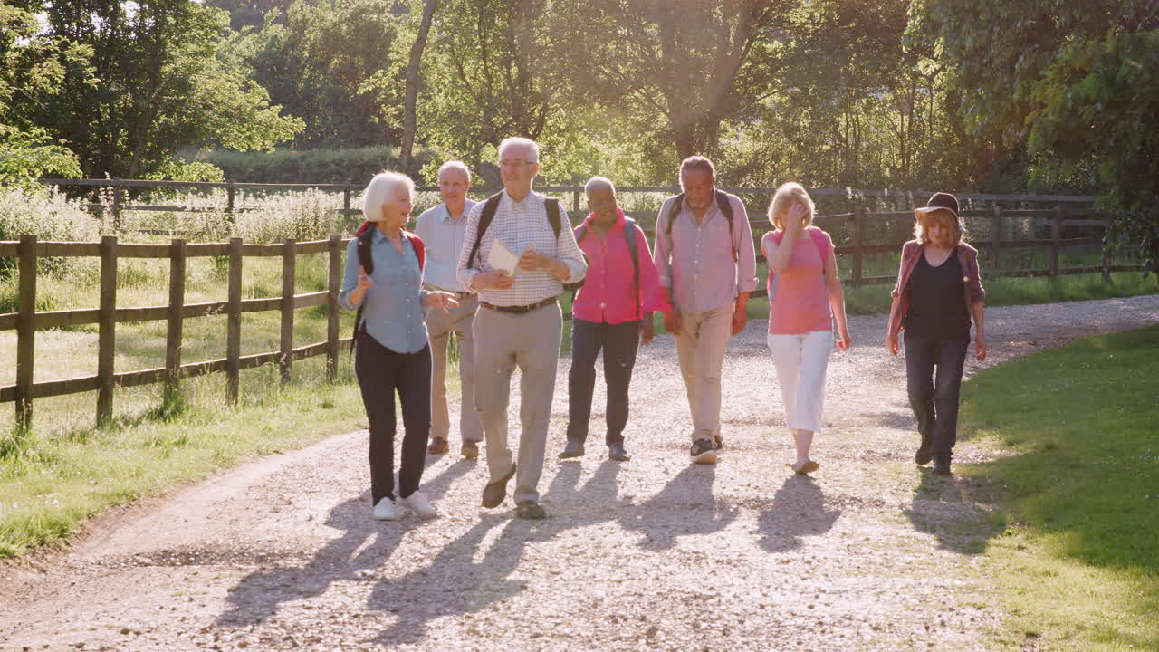 grupo de amigos mayores caminando juntos por el campo
