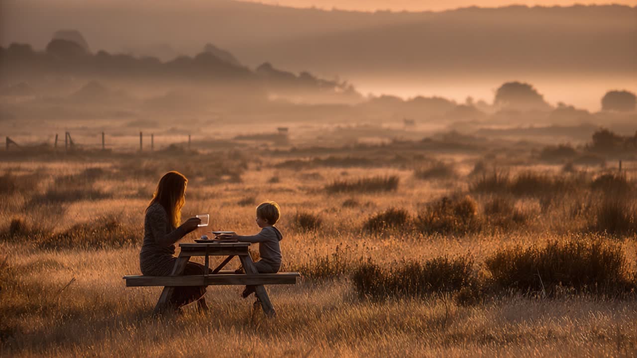 A Serene Moment: A Mother and Child Enjoying a Quiet Meal Together in a Golden-Hued Landscape at Sunset, Surrounded by Nature's Tranquility and Beauty