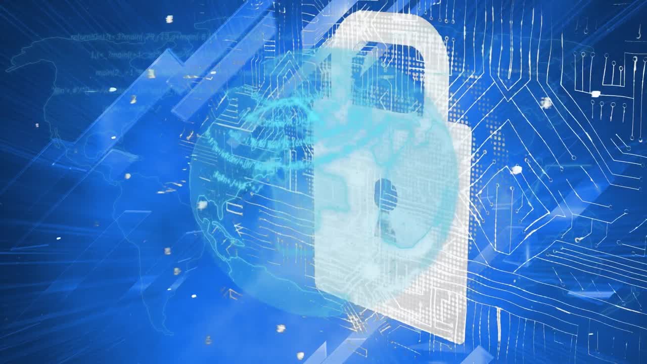 Animation of globe with network of connections over blue screens