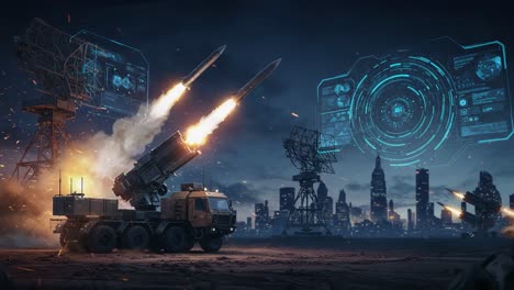 Capturing the Power of Advanced Defense Systems: An Impressive Display of Military Precision and Technology with Missiles Launching in a Futuristic Urban Landscape