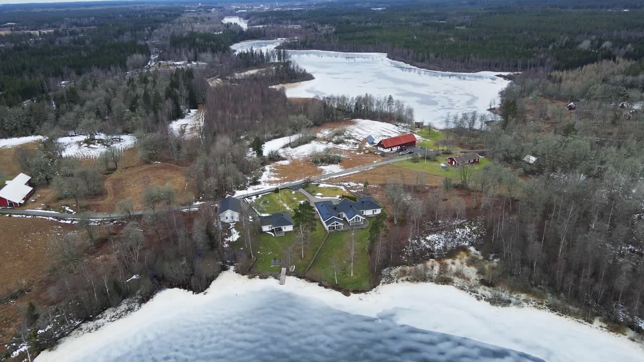 Beautiful aerial overview of cabins at the edge of a frozen lake in rural Sweden