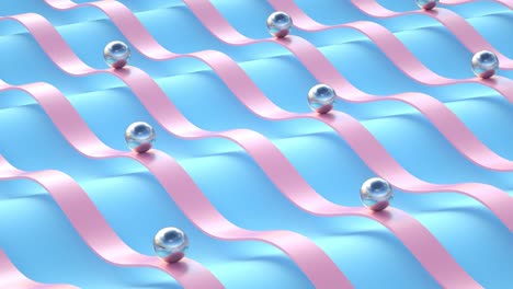 una animación de renderización 3d en bucle de bolas deslizantes, colores metálicos, rosados y azules