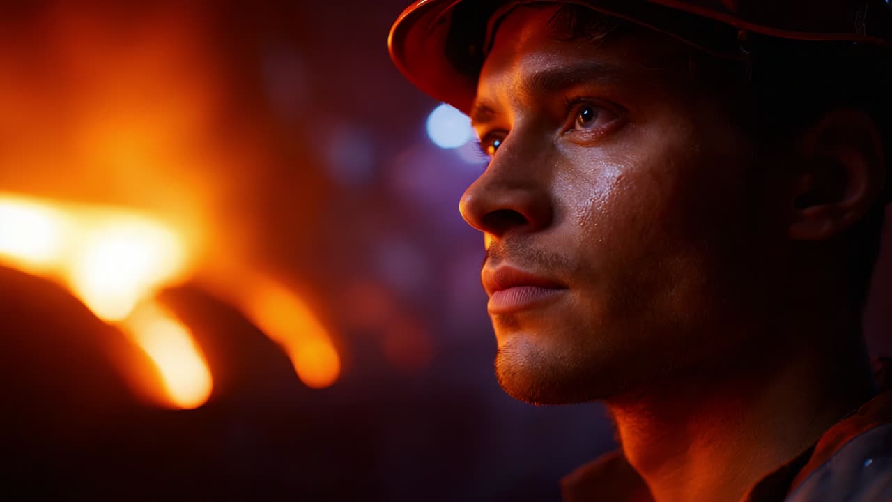 Intense Focus in a Fiery Environment: A Close-Up Portrait of an Individual in Industrial Attire, Highlighting Resilience and Determination Amidst an Illuminated Background of Molten Material