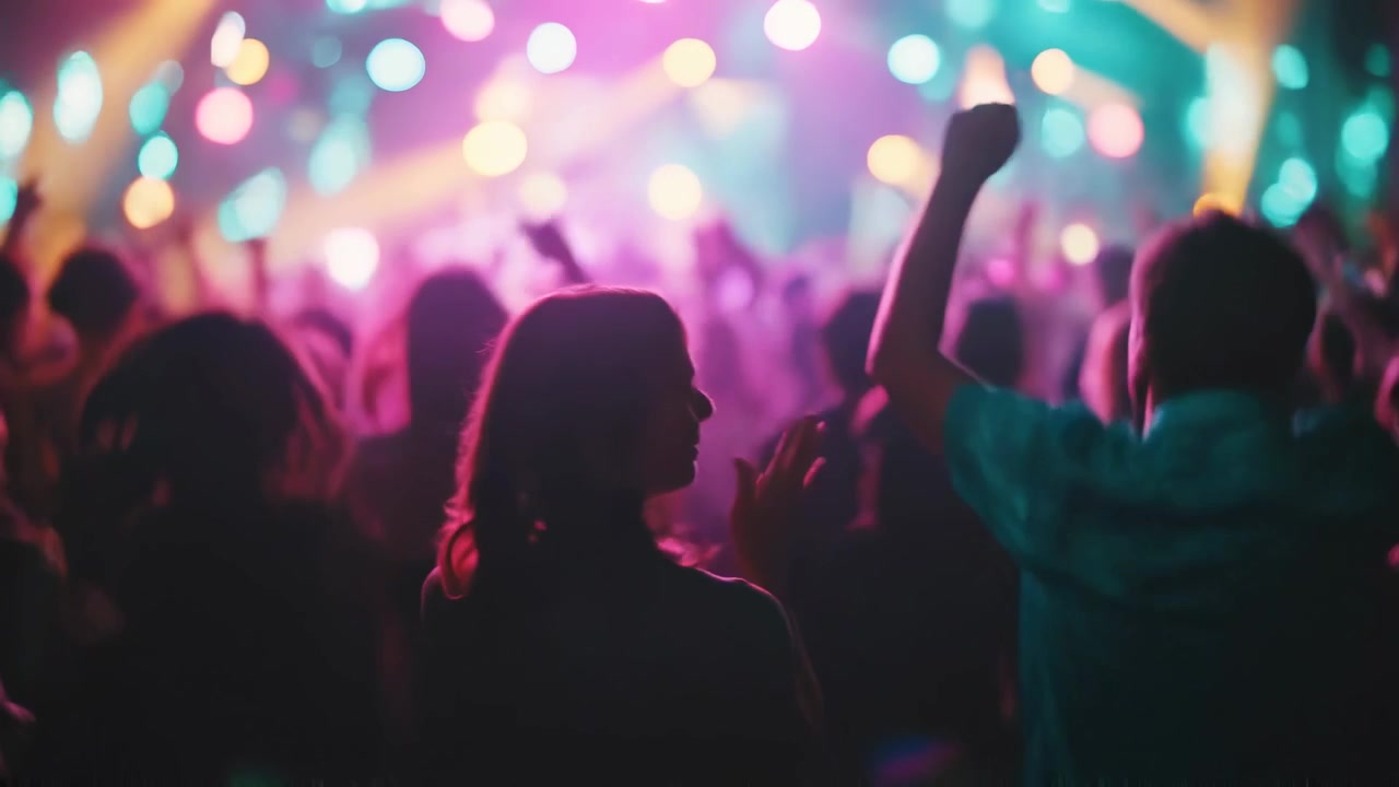 Folla energica che balla a un vibrante concerto musicale