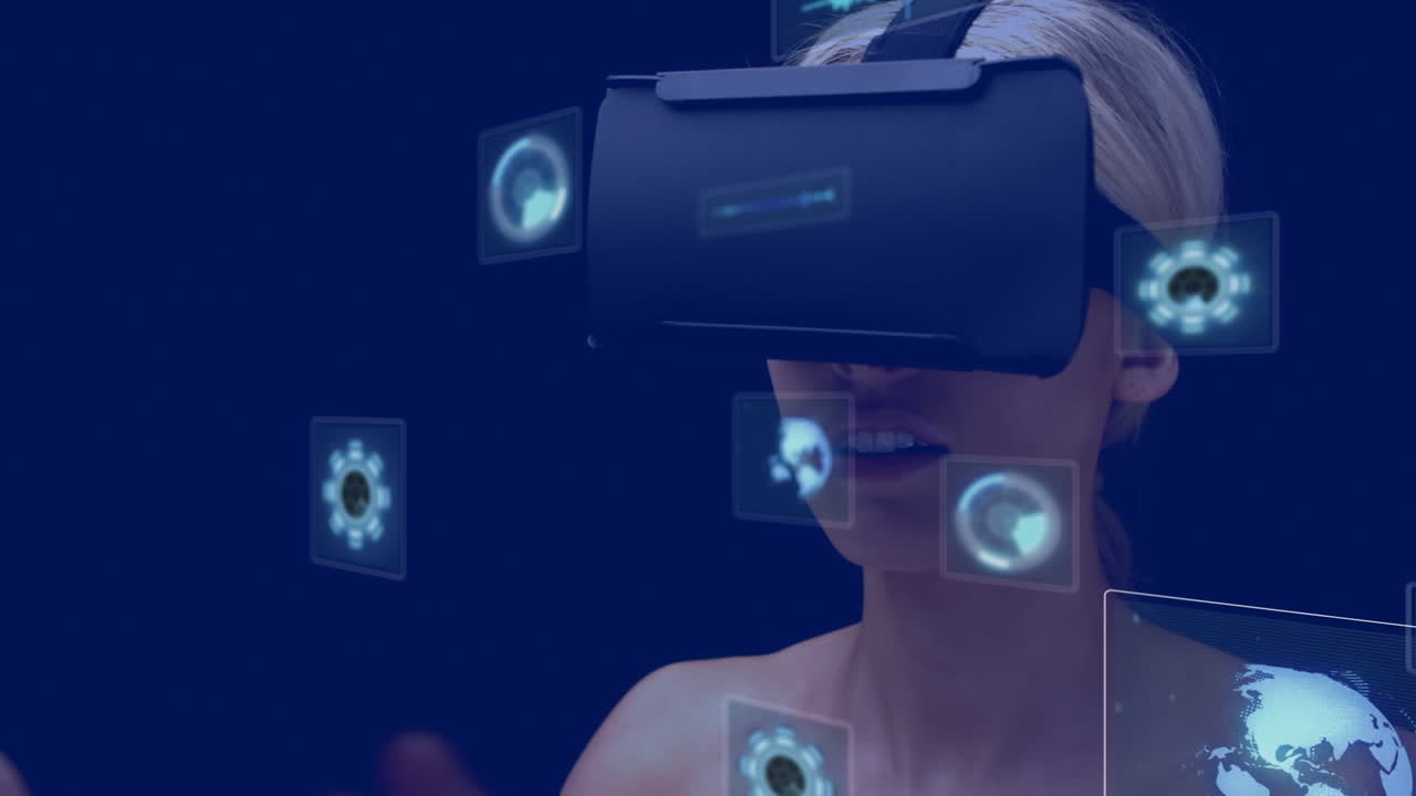 animación de escáneres de escaneo y procesamiento de datos sobre mujer caucásica en gafas vr.