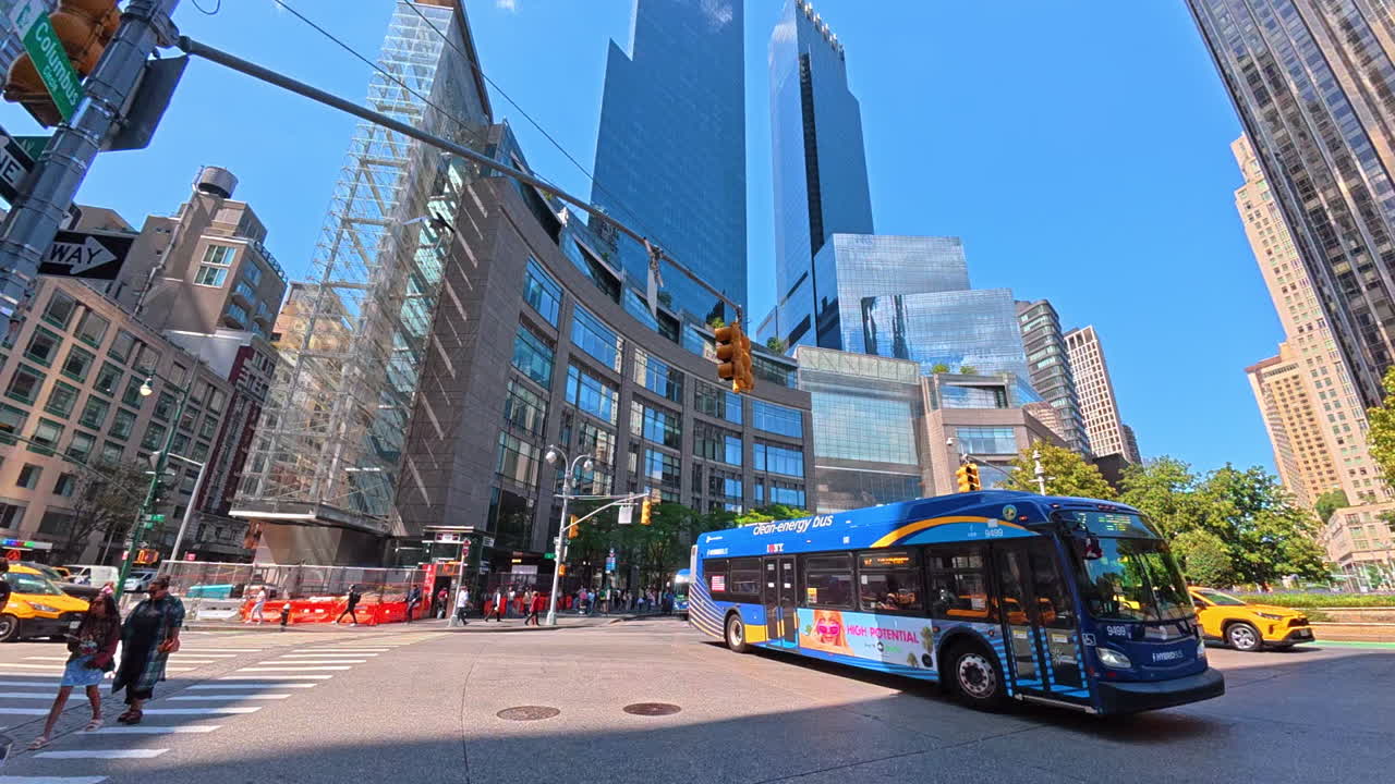 New York, USA, 1 August 2025: Modern skyscrapers at Columbus Circle in Manhattan. View of contemporary skyscrapers and glass architecture at Columbus Circle in Midtown Manhattan