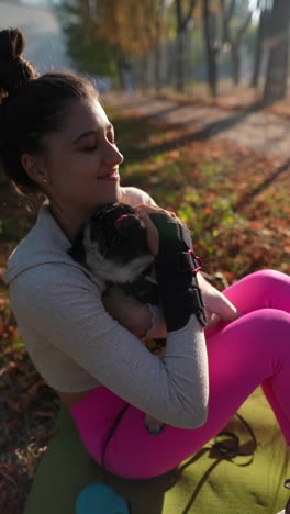 woman cuddling a pug in a park during autumn