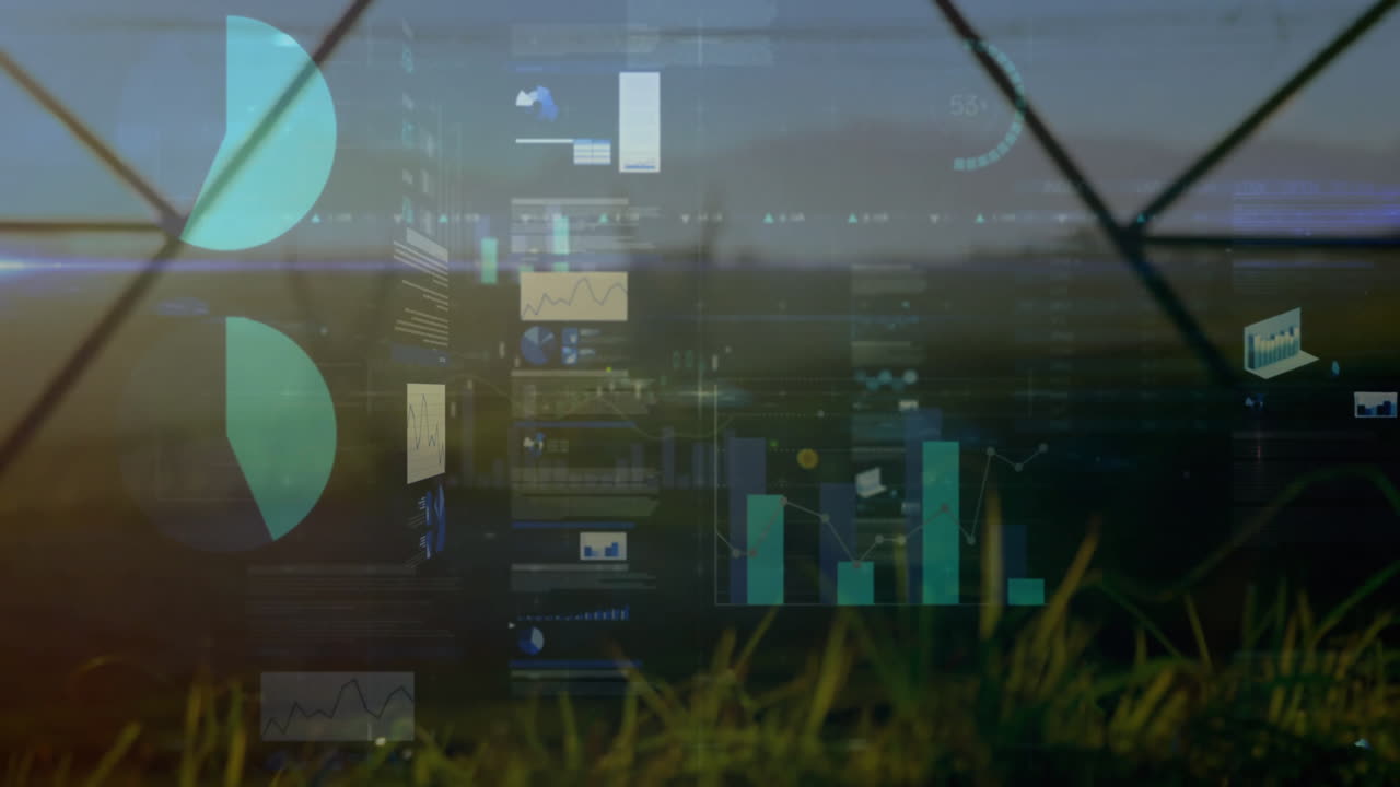 Data analytics graphs and charts animation over lush green landscape