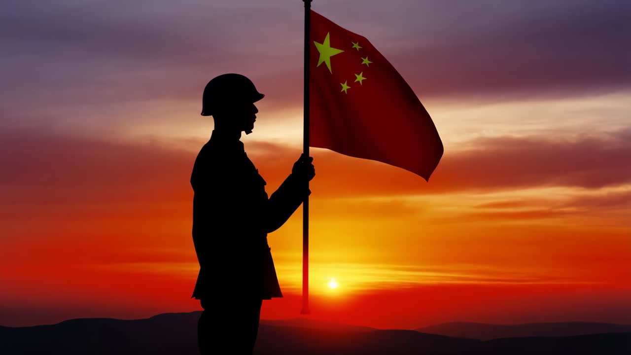 Silhueta de um soldado segurando a bandeira chinesa ao pôr do sol