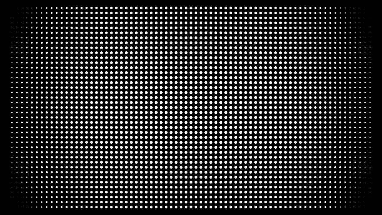 White polka dots against black background. Concentric growing circles seamless loop transition